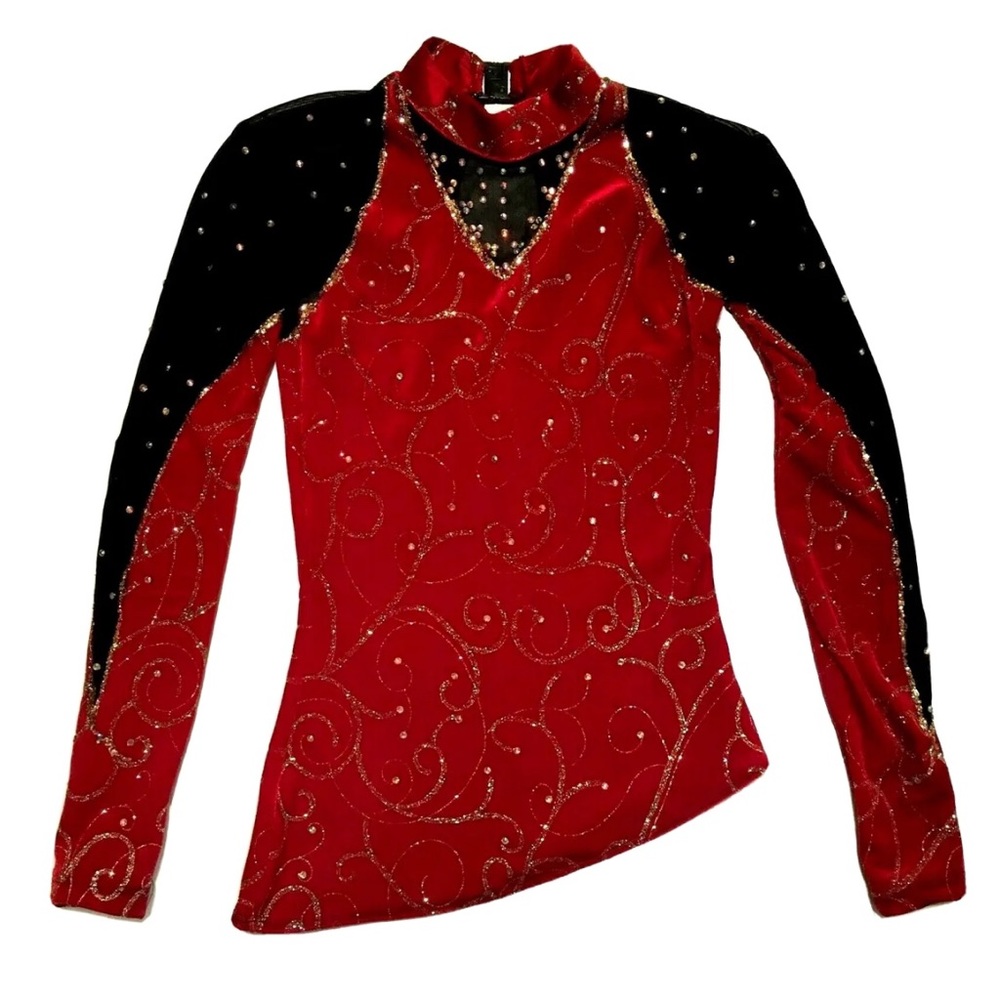 Sparkly Velvet Red Black Gold Rhinestone Dance Figure Skating Costume Mesh Show